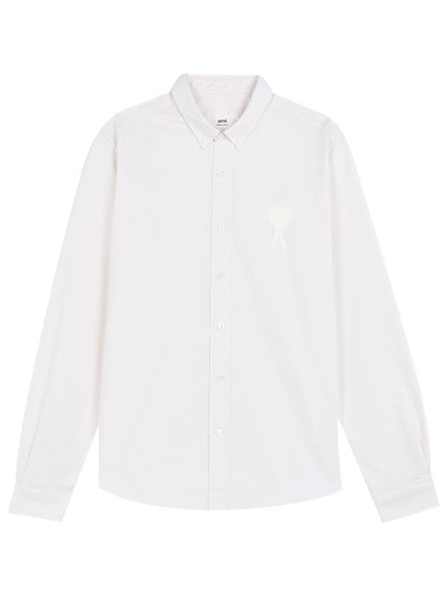 Men's Big Heart Embroidered Logo Oxford Long Sleeve Shirt White - AMI - BALAAN 2