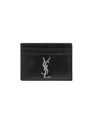 Monogram Lizard Effect Glossy Leather Card Holder Black Silver - SAINT LAURENT - BALAAN 1