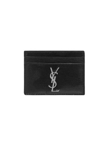 Monogram Lizard Effect Glossy Leather Card Holder Black Silver - SAINT LAURENT - BALAAN 1