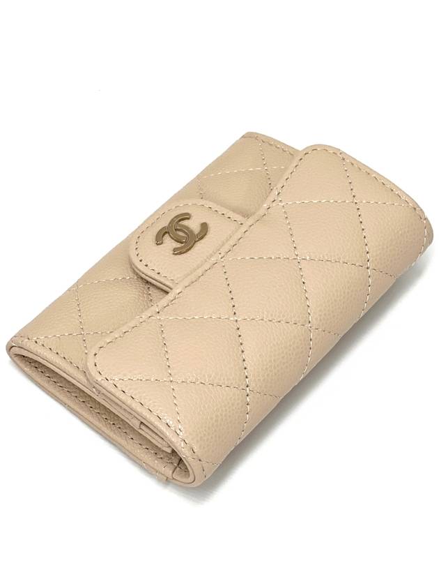 Classic Gold Logo Grained Shiny Calfskin Card Wallet Light Beige - CHANEL - BALAAN 6