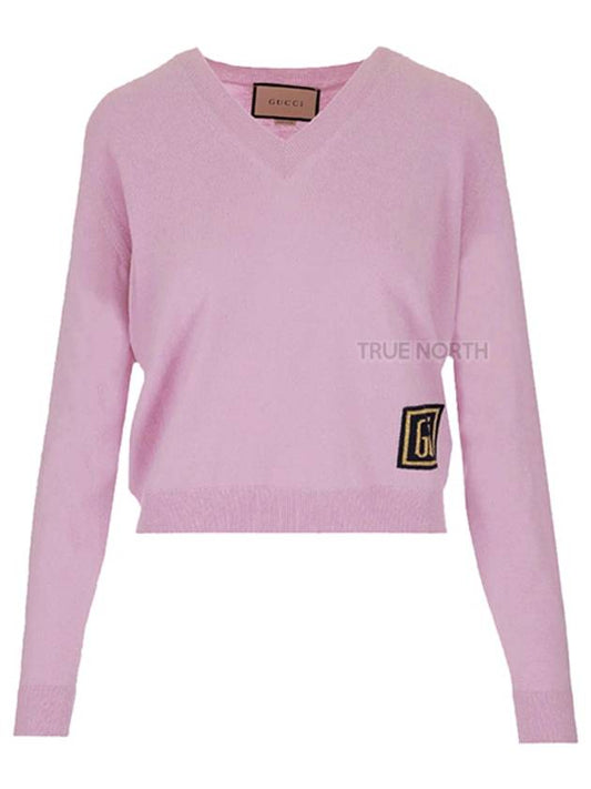 square logo embroidered V-neck knit top pink - GUCCI - BALAAN.