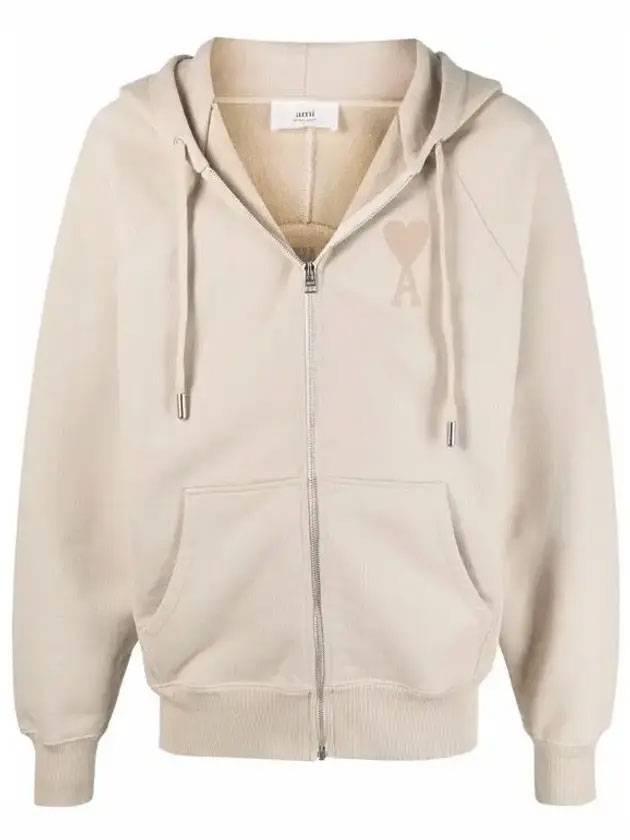 Men's Heart Embroidered Logo Hooded Zip-Up Beige - AMI - BALAAN.