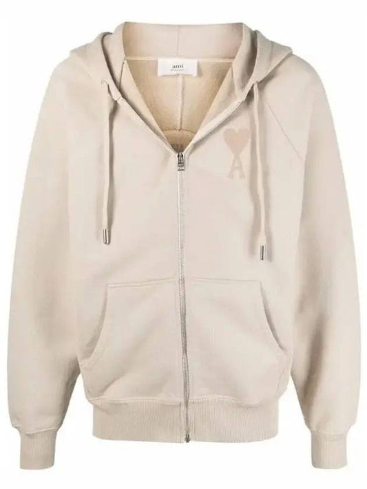 Men's Heart Embroidered Logo Zip-Up Hoodie Beige - AMI - BALAAN 1