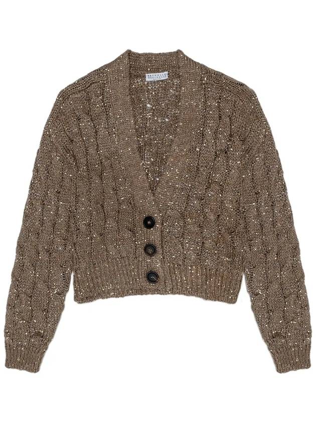 Sequin Embellished Knitted Cardigan Brown - BRUNELLO CUCINELLI - BALAAN 3