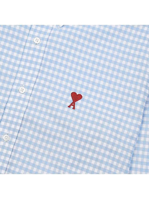 Small Heart Logo Gingham Button Long Sleeves Shirt Sky Blue - AMI - BALAAN 8