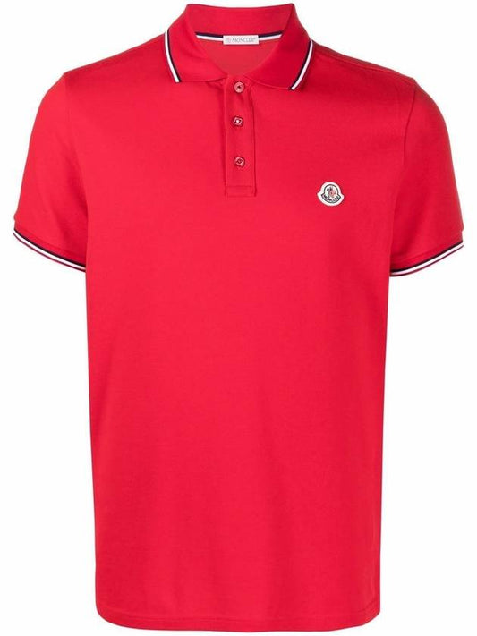 Stripe Trimming Logo Short Sleeve Polo Shirt Red - MONCLER - BALAAN 1