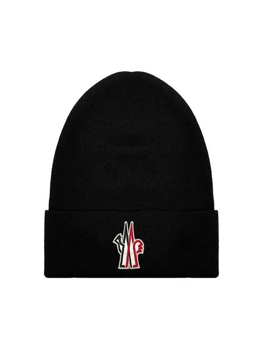 Grenoble Pure Wool Logo Beanie Black - MONCLER - BALAAN.