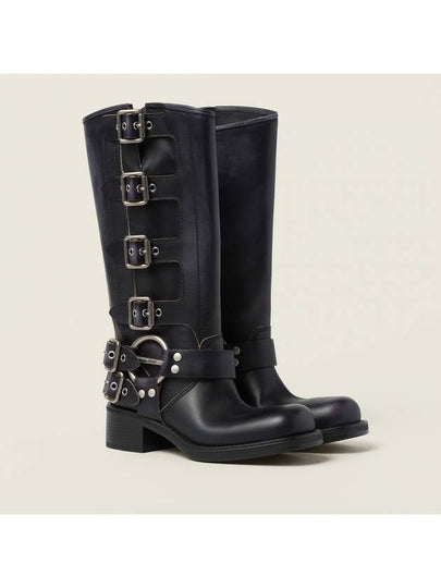 Buckle Detail Leather Long Boots Black - MIU MIU - BALAAN 2