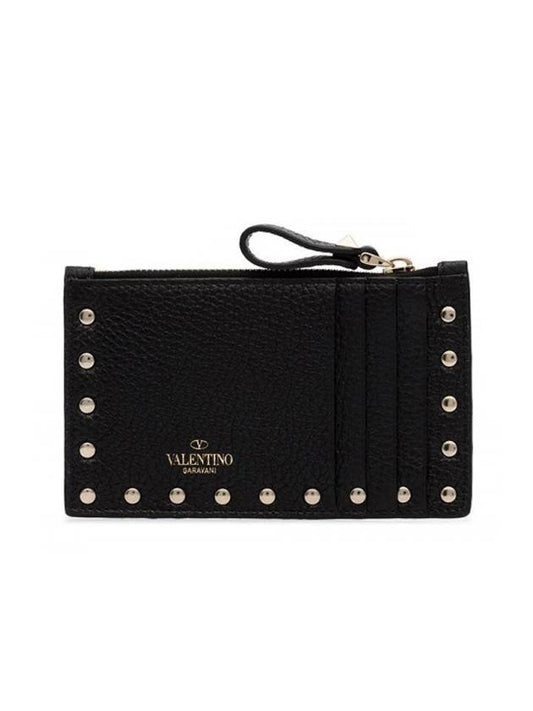 Rockstud Zipper Card Wallet Black - VALENTINO - BALAAN 1