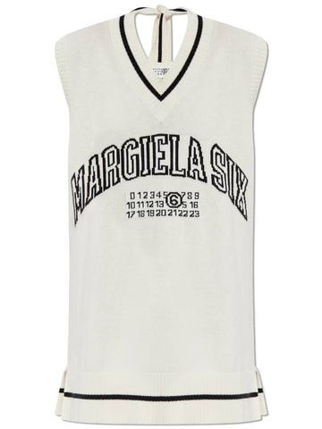 MM6 Maison Margiela Knit Dress With Logo, Women's, Cream - MAISON MARGIELA - BALAAN 1