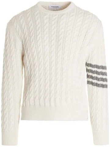 Men's Diagonal Armband Cable Pullover Crew Neck Knit White - THOM BROWNE - BALAAN.