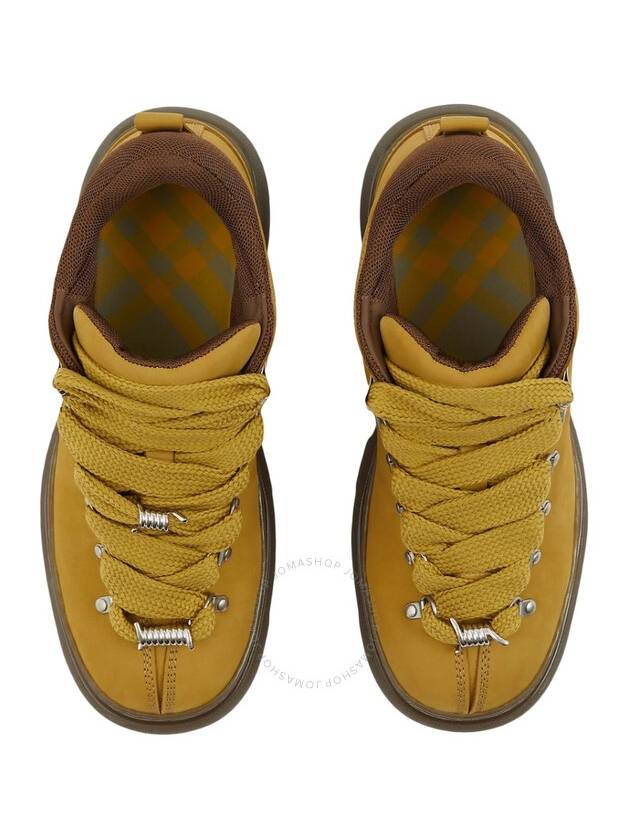 Silver Hardware Lace-Up Leather Low-Top Sneakers Mustard Yellow - BURBERRY - BALAAN 4