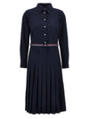 Stripe Flannel Pleated Bottom Belted Cotton Midi Dress Navy - THOM BROWNE - BALAAN 1