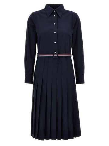 Stripe Flannel Pleated Bottom Belted Cotton Midi Dress Navy - THOM BROWNE - BALAAN 1