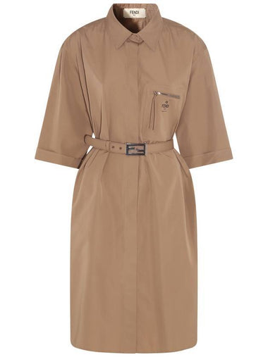 Zipper Pocket Belted Cotton Shirt Midi Dress Brown - FENDI - BALAAN 1