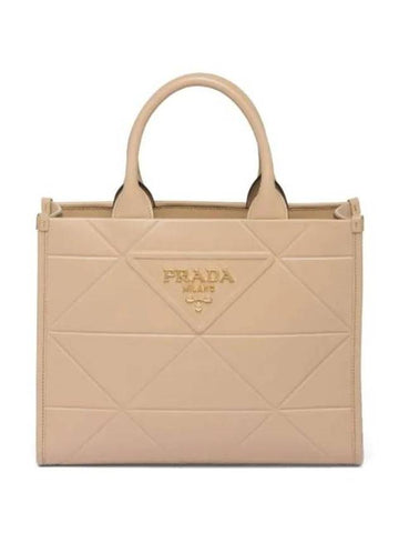 Top-Stitching Small Leather Symbol Tote Bag Sand Beige - PRADA - BALAAN 1