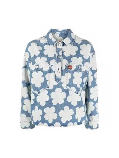 Poppy Print Denim Cotton Polo Shirt Blue - KENZO - BALAAN 2