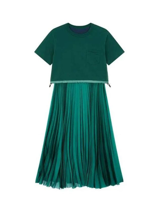 Women's Cotton TShirt Pleated Dress Green 271319 - SACAI - BALAAN 1