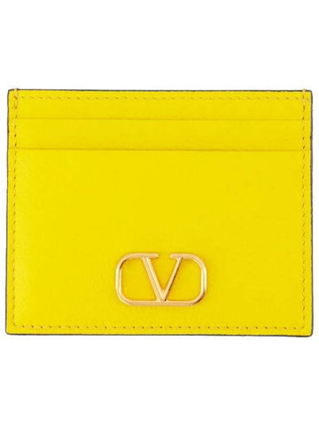 V Logo Signature Grainy Calfskin Card Wallet Yellow - VALENTINO - BALAAN 1