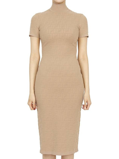 Women's FF Logo Short Sleeve Midi Dress Beige - FENDI - BALAAN 2