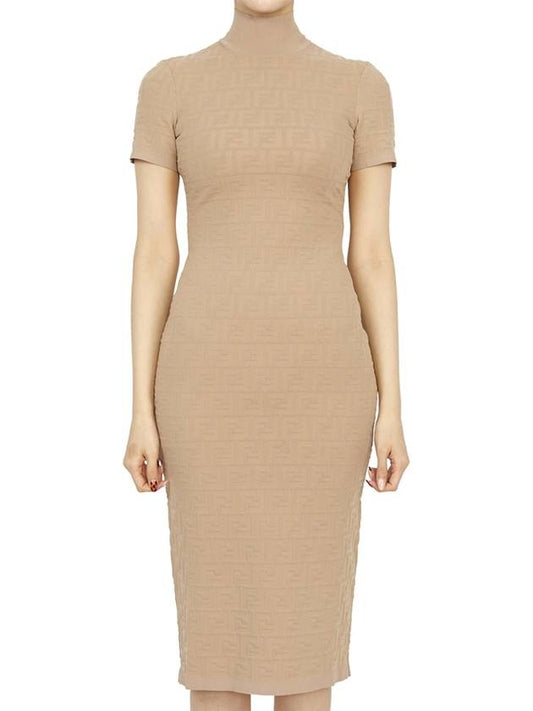 Women's FF Logo Short Sleeve Midi Dress Beige - FENDI - BALAAN 2