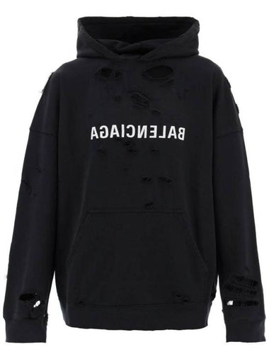 Mirror Distressed Cotton Hoodie Black - BALENCIAGA - BALAAN 1