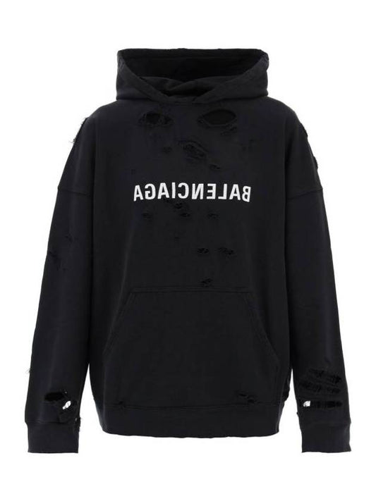 Mirror Distressed Cotton Hoodie Black - BALENCIAGA - BALAAN 1