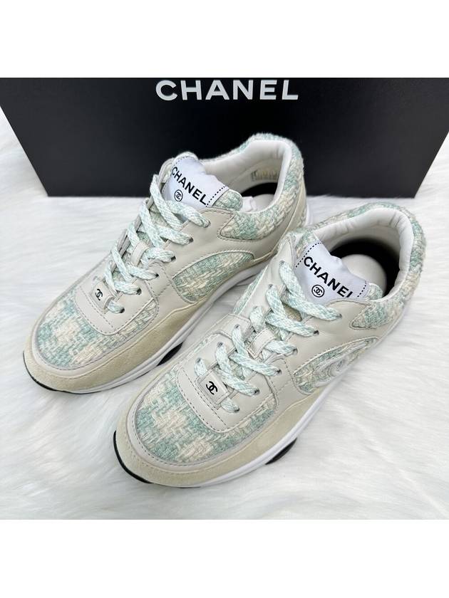 CC Logo Cotton Tweed Suede Calfskin Low Top Sneakers Light Blue Ecru - CHANEL - BALAAN 4