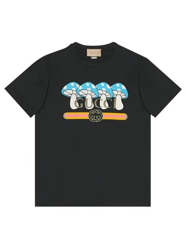 Mushroom Logo Print Short Sleeve T-Shirt Black - GUCCI - BALAAN 2