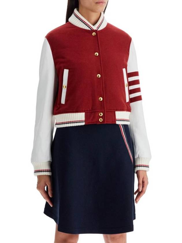 4-Bar Crop Varsity Cashmere Bomber Jacket Red - THOM BROWNE - BALAAN 3