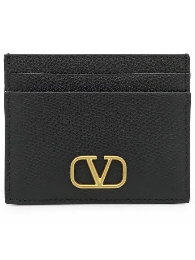 V Logo Signature Grainy Calfskin Card Wallet Black - VALENTINO - BALAAN 3