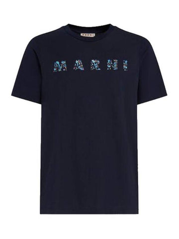 Logo Print Crew Neck Cotton Short Sleeve T-shirt Navy - MARNI - BALAAN 1