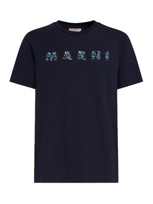 Logo Print Crew Neck Cotton Short Sleeve T-shirt Navy - MARNI - BALAAN 1