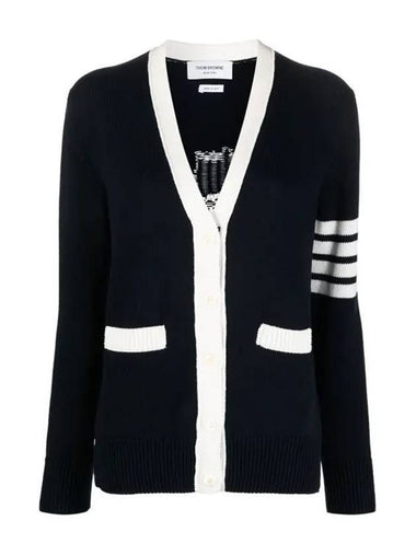 Cotton Jersey Flower 4 Bar V Neck Cardigan Navy - THOM BROWNE - BALAAN 1