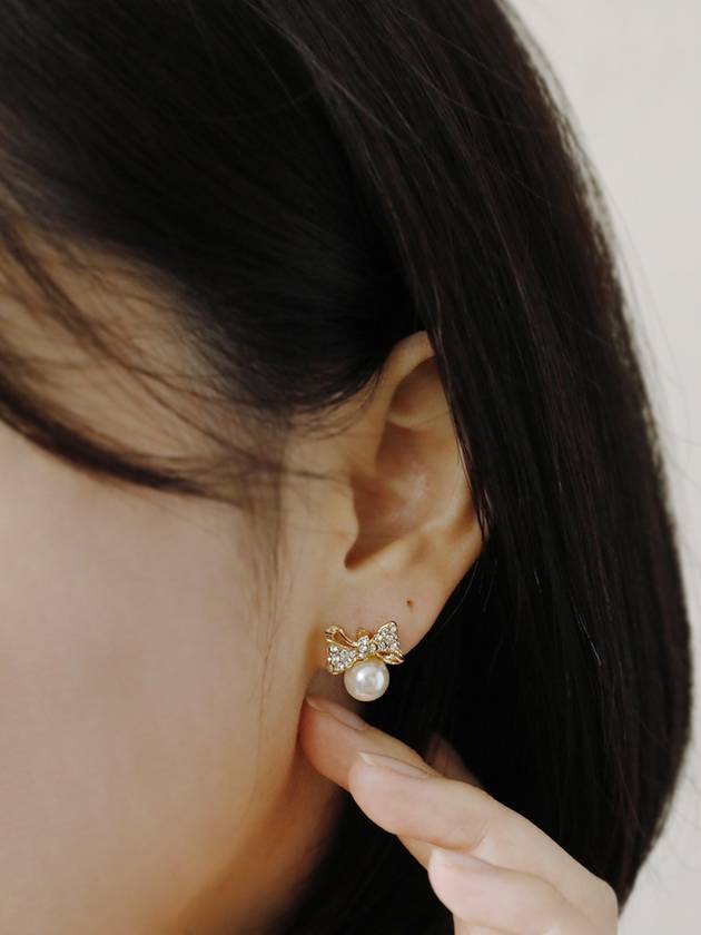 Cubic Ribbon Pearl Earrings Gold - SOSOO - BALAAN 3