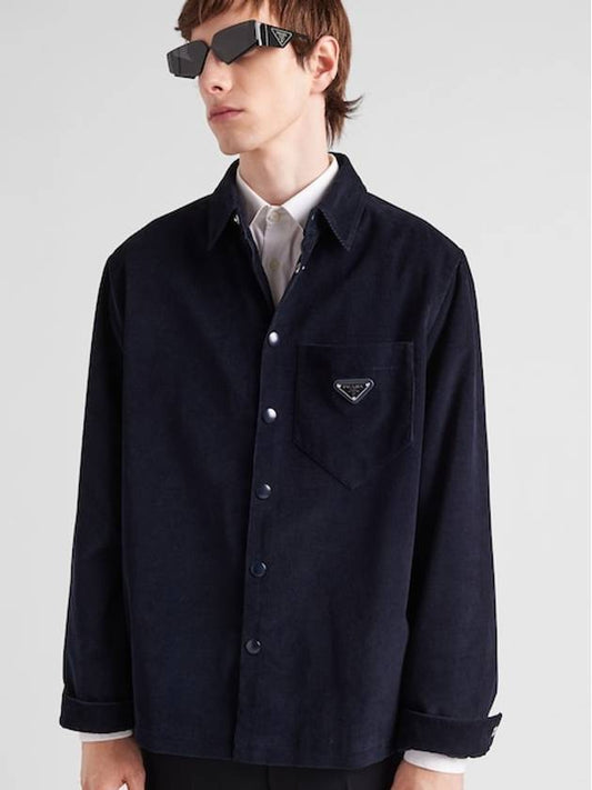 triangle logo corduroy shirt jacket blue - PRADA - BALAAN 2