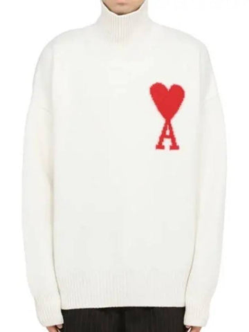 UKS402 018 154 Big Heart Logo Turtleneck Knit Off White Red Men s TJ 270089 - AMI - BALAAN 1