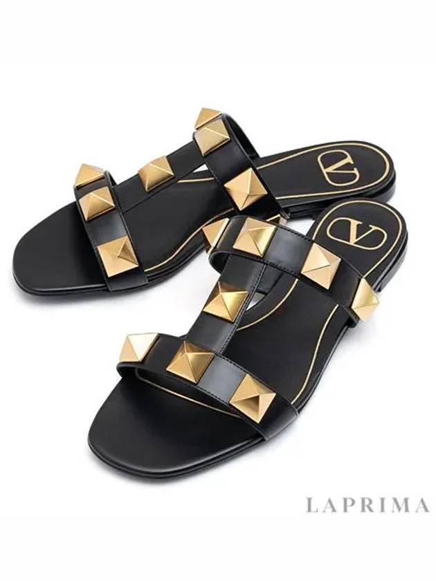 Women's Calfskin Roman Studded Flat Slide Mules Black - VALENTINO - BALAAN.