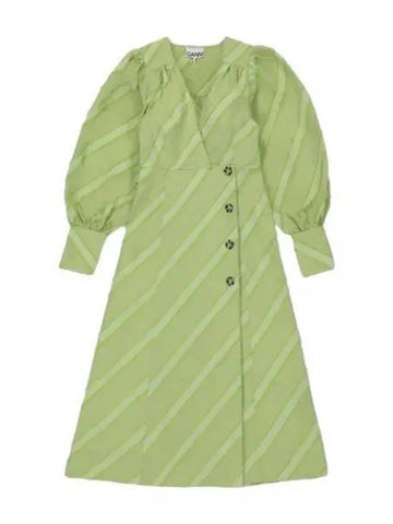 Puff sleeve V neck striped dress light green - GANNI - BALAAN 1