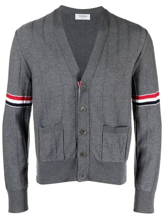 RWB V-neck Striped Virgin Wool Cardigan Grey - THOM BROWNE - BALAAN 3