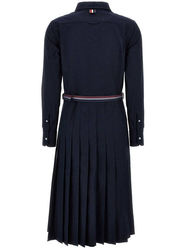 Stripe Flannel Pleated Bottom Belted Cotton Midi Dress Navy - THOM BROWNE - BALAAN 4