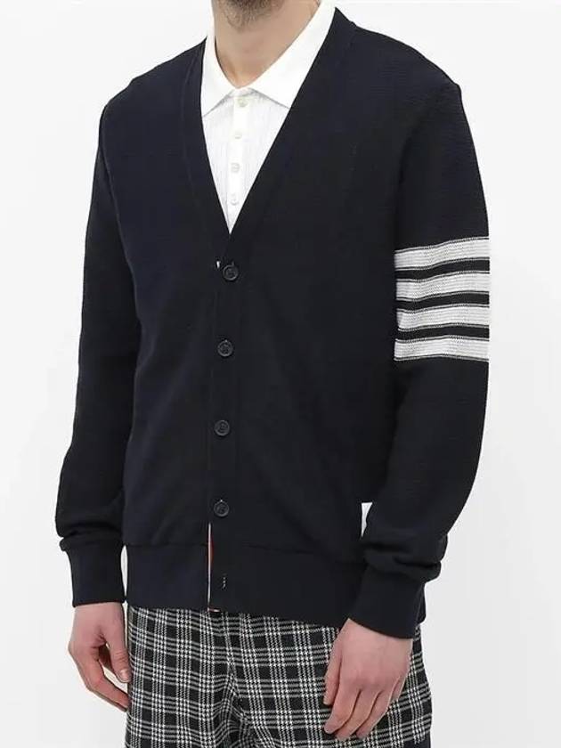 4 Bar Open Raschel Stitch V Neck Cardigan Navy - THOM BROWNE - BALAAN 4