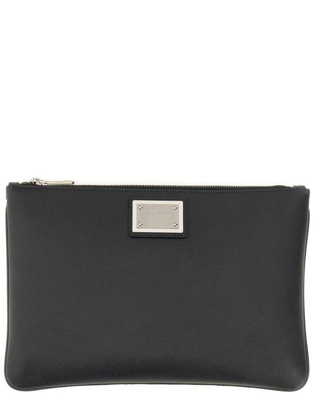 Metal Logo Grain Calfskin Clutch Bag Black - DOLCE&GABBANA - BALAAN 2