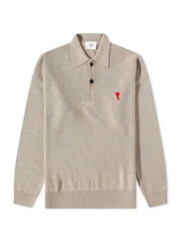 Small Heart Extra Fine Merino Wool Polo Shirt Beige - AMI - BALAAN 1