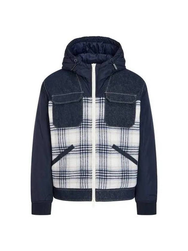 Men s Check Pattern Hooded Padded Jacket Dark Indigo 271071 - ARMANI EXCHANGE - BALAAN 1