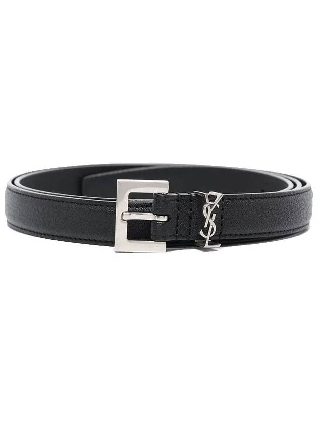 Men's Monogram Silver Buckle Leather Belt Black - SAINT LAURENT - BALAAN 3