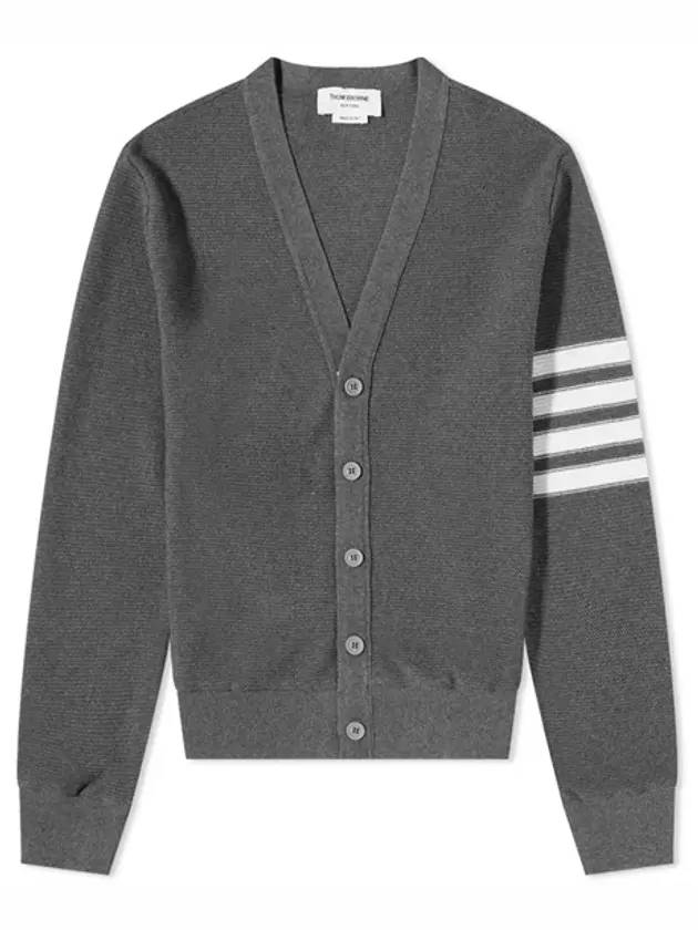 4 Bar Open Raschel Stitch V Neck Cardigan Grey - THOM BROWNE - BALAAN 1