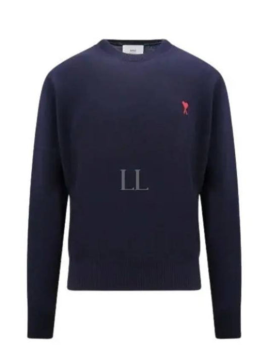 Heart Embroidered Logo Crew Neck Knit Top Navy - AMI - BALAAN 2