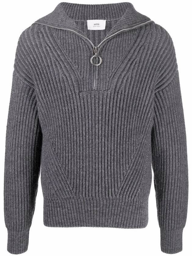 Half Zip-Up Knit Top Grey - AMI - BALAAN 1