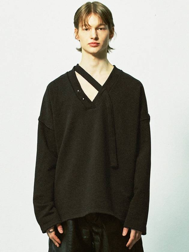 V-neck layered string pierced sweatshirt black - S SY - BALAAN 3